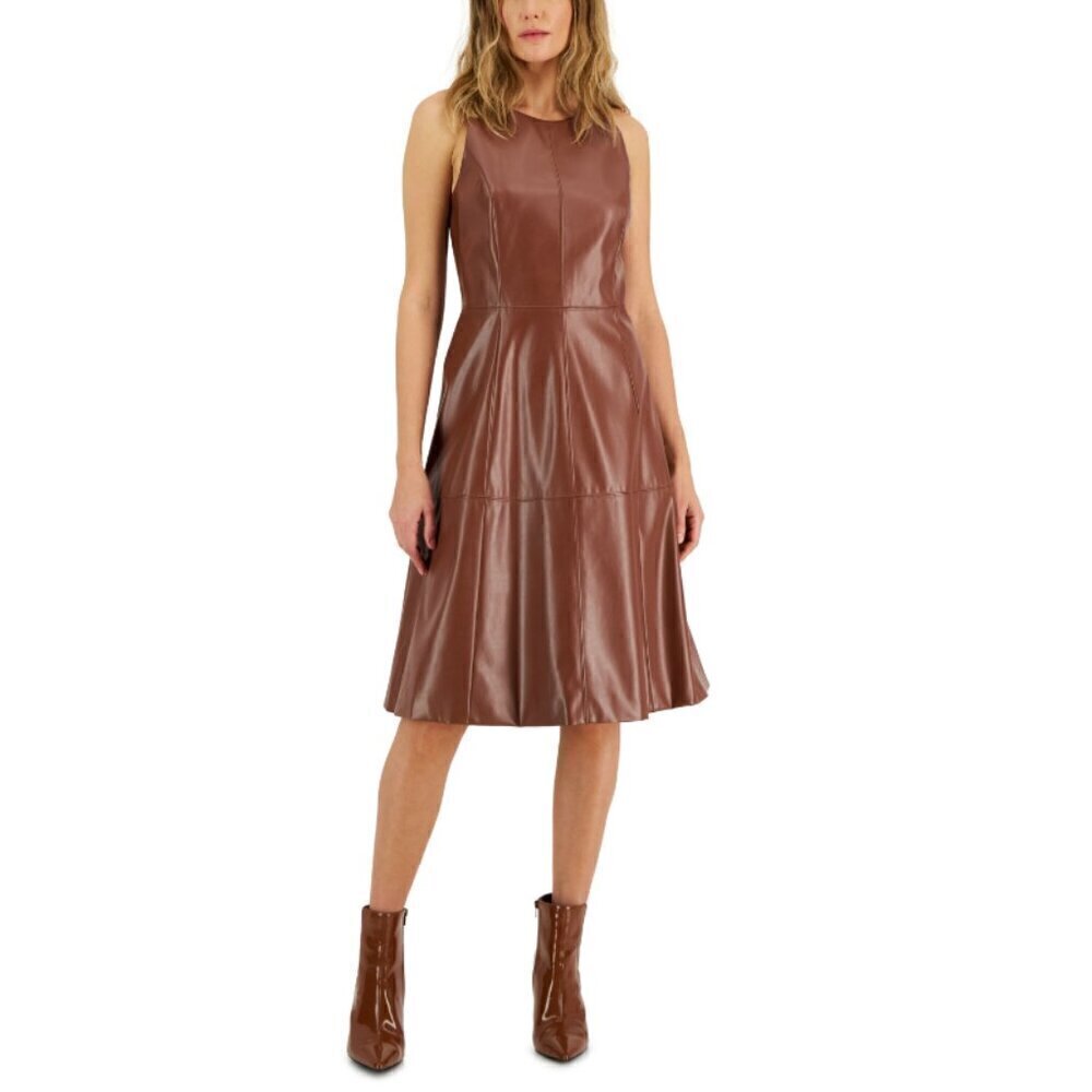 I.N.C. INTERNATIONAL CONCEPTS Sleeveless Pleather Fit & Flare Dress, Brown NWT